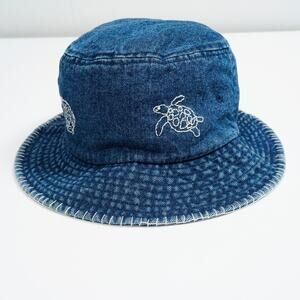 Custom Embroidered Denim Bucket Hat blanket Stitch Brim Turtle & Pretzel Artwork